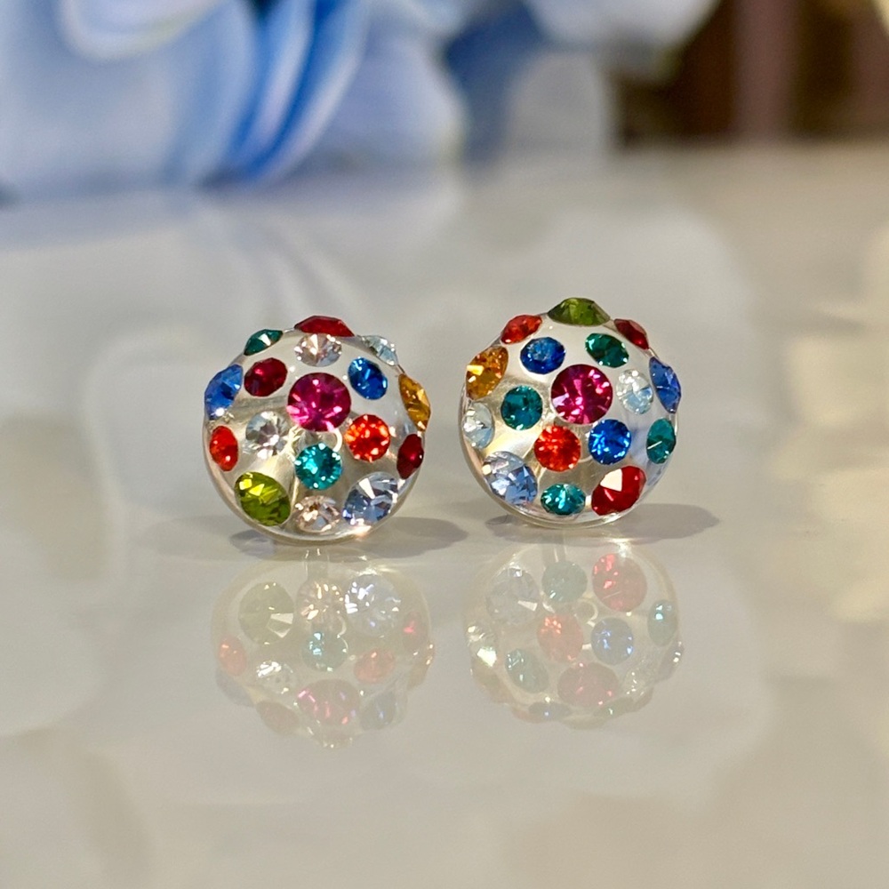 Clear Acrylic Stud Earrings Embellished with Multi Coloured Swarovski Crystals